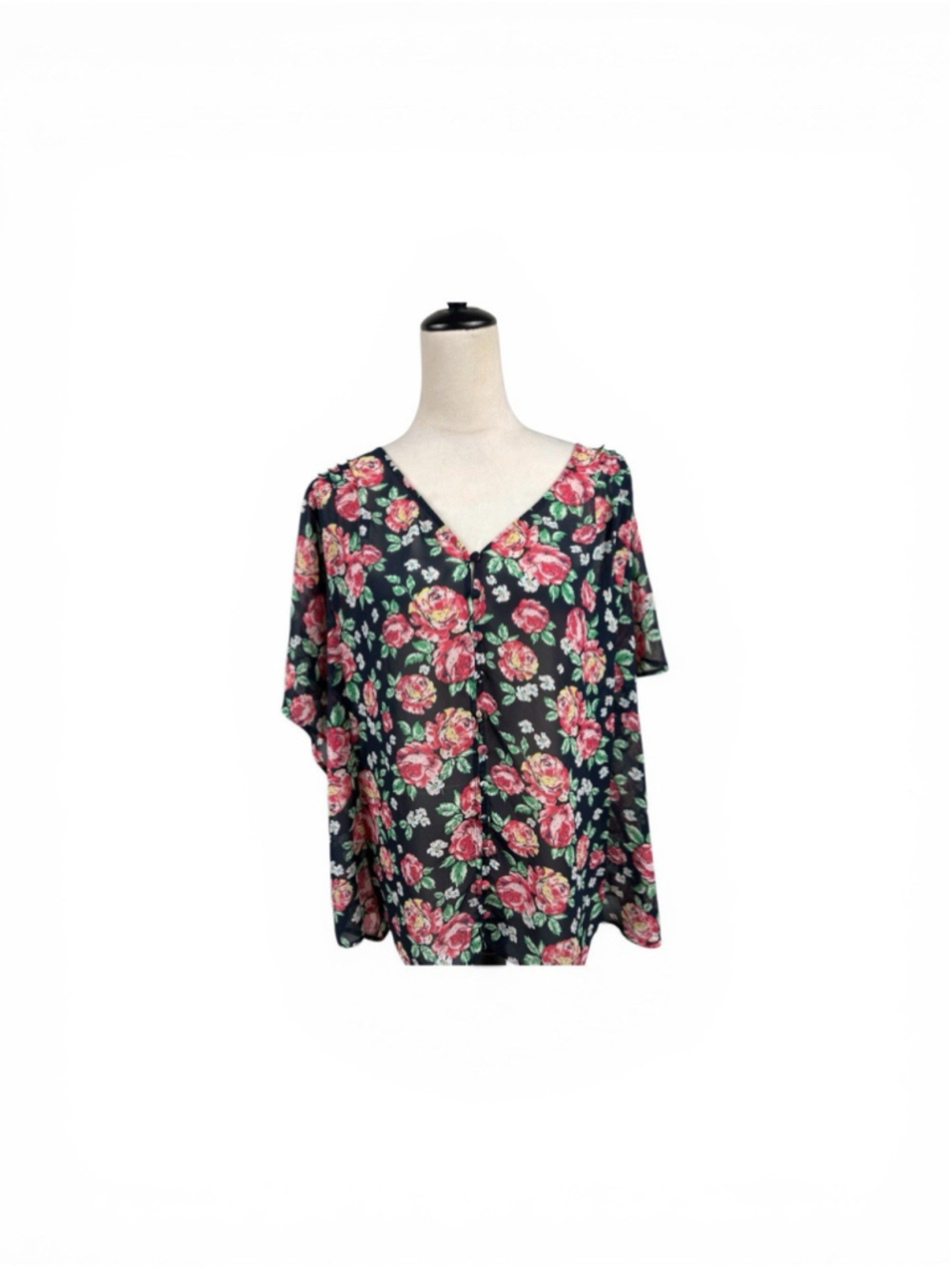 Torrid Short Sleeve Button Up Semi Sheer Black/Red Floral Top Size 2-2X/18-20